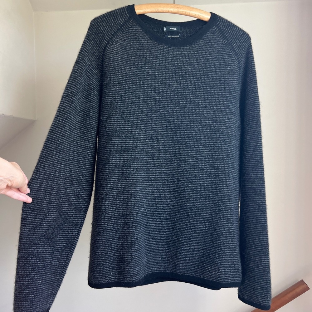Vince Sweater Black Grey Striped 100% Cashmere Crew Neck Ribbed Knit Pullover